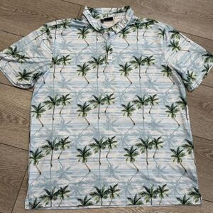 Yatta Polo Shirt Mens XXL Hawaiian Palm Trees Performance Stretch Blue Golf Prep